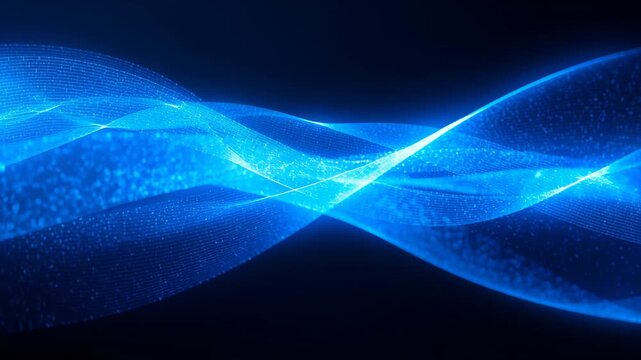 Frames starting showing blue ribbons waving across black void, particles pulsing, creating flow