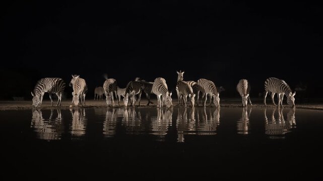 Zebra Herd Drinking on Night Safari in Africa, Nocturnal African Wildlife Animals at a Watering Hole, Zebra on the Savannah at Night Time in the Dark.