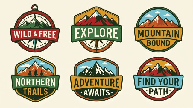 vintage outdoor adventure badges with mountains and compasses. explore and hiking concept. retro travel logo templates. graphic design elements, banner, website header with copyspace.