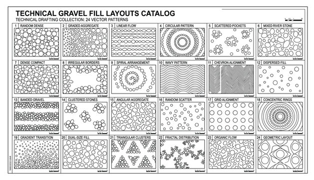 Catalog of 24 gravel fill patterns for technical drafting vector illustrations and graphic design elements transparent background.