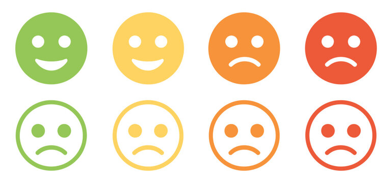 Emoticons icons featuring emoji faces with happy smile neutral sad and angry expressions in flat line vector style
