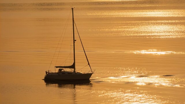 Gliding sailboat with furled sail drifting in light breeze over golden bay at sunrise leaving wake