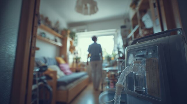 Care aide setting up a portable oxygen machine in a small apartment focusing on equipment details while the room remains out of focus.