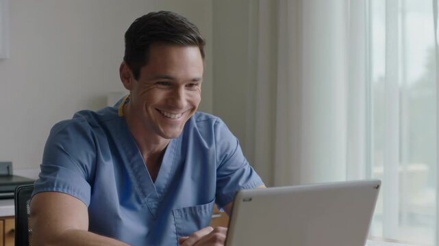 Reacting to laptop alert, clinician in blue scrubs, yellow lanyard smiling at desk in clinic office