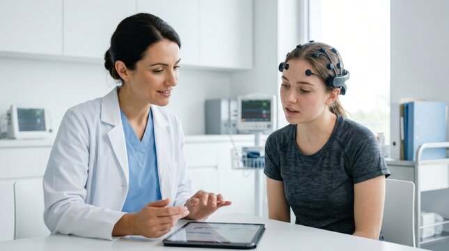 Woman doctor explaining brain scan results to woman patient wearing EEG headset. Modern neuroprosthetics and brain computer interface testing in clinical rehabilitation therapy center.