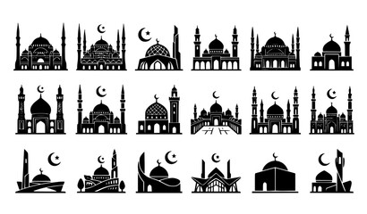 Islamic Mosque Skyline and Crescent Moon Silhouette Vector Icon Set © MdKhocon