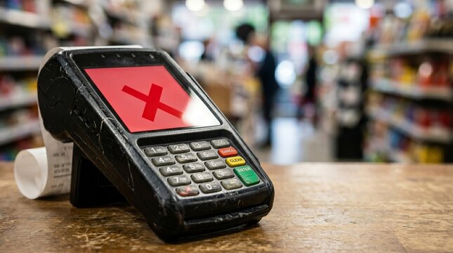 Payment declined transaction failed on credit card terminal in supermarket. POS machine with red cross symbol on screen with blurry retail shop shelves background.