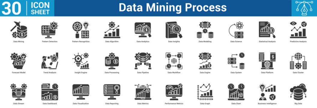 Data Mining Process editable icon set vector illustration concept for business with icon of Data Mining, Pattern Detection, Pattern Recognition, Data Algorithm, Data Analytics, Data Insights, Dat.
