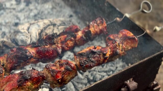 Outdoor Barbecue: Grilling Juicy Meat Shashlik on Skewer Over Open Fire