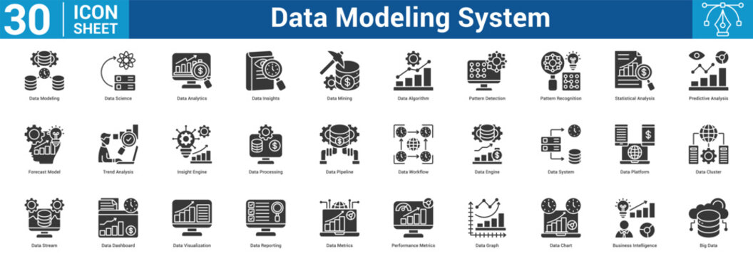 Data Modeling System editable icon set vector illustration concept for business with icon of Data Modeling, Data Science, Data Analytics, Data Insights, Data Mining, Data Algorithm, Pattern Detection.