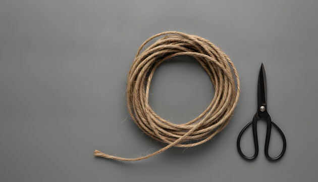 Minimalist flat lay of natural jute twine loop and black forged iron scissors on grey plaster background with ample copy space
