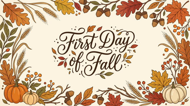 Elegant handwritten autumn banner celebrating the first day of fall surrounded by pumpkins leaves acorns