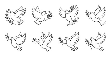 Obraz premium Nine elegant flying doves in a line - A clean, stylish black and white line drawing of nine doves flying gracefully in a row, perfect for minimalist designs.