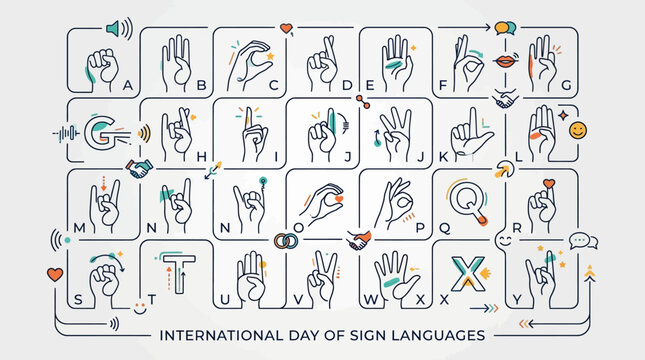 Colorful hand gesture alphabet chart celebrating international day of sign languages with diverse symbols