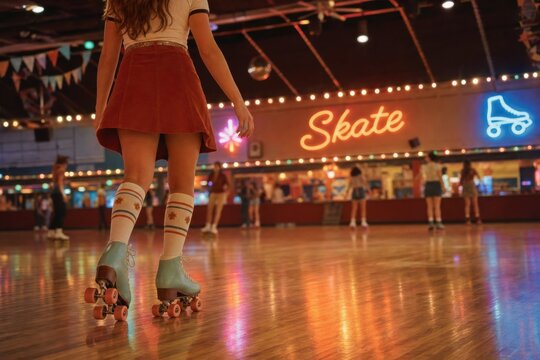 Young woman roller skating at retro rink with neon lights and friends
