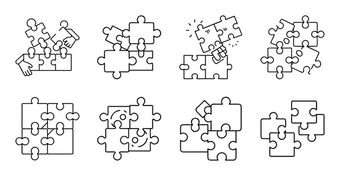 Set of puzzle pieces connecting illustration - Colorful puzzle pieces connecting and forming shapes in a clean, minimalist vector style design.