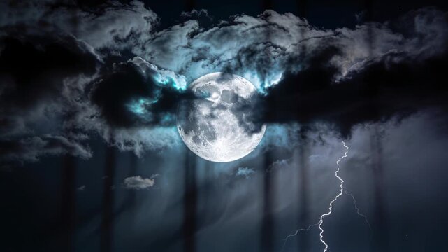 Shifting clouds revealing full moon in night sky as lightning flashing right, teal vertical shafts