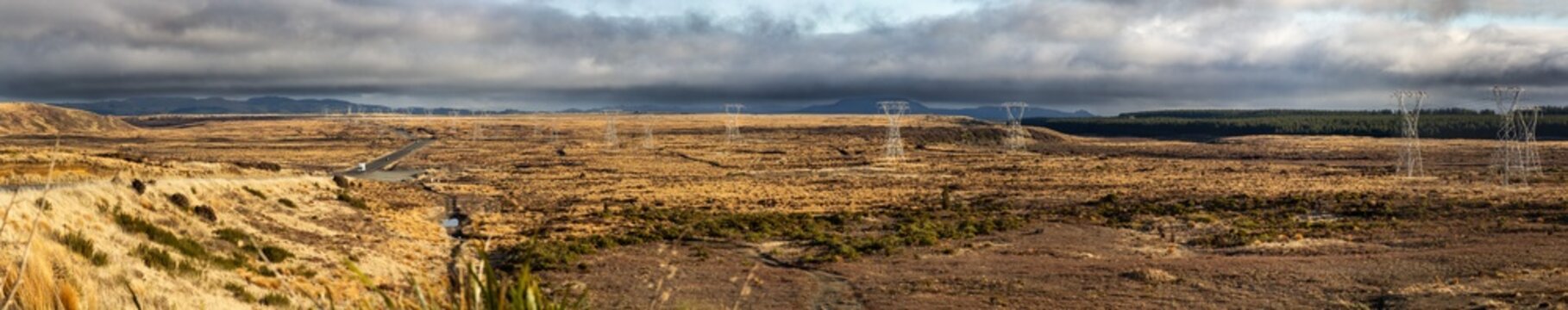 The Desert Road, New Zealand, panoramic view. Rangipo Desert tussock landscape, power pylons. Central North Island. Tongariro National Park.