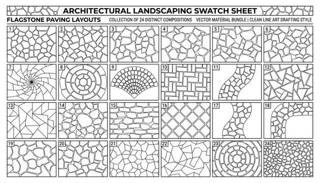 Architectural landscaping swatch sheet featuring 24 distinct flagstone paving layouts and stone pattern vector designs on transparent background.