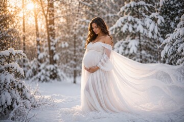 Obraz premium A beautiful portrait of a pregnant woman wearing a flowing white off-the-shoulder gown, gently holding her baby bump while standing in a snow-covered forest during a warm winter sunset.