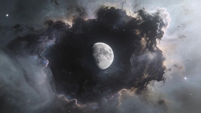 From lower-left, swirling wisps curling inward around central half-lit Moon in nebula cavity, dust