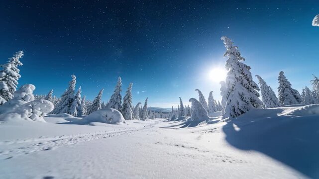 Moving camera tracking through snowy clearing with conifer trees, revealing footprints and sun