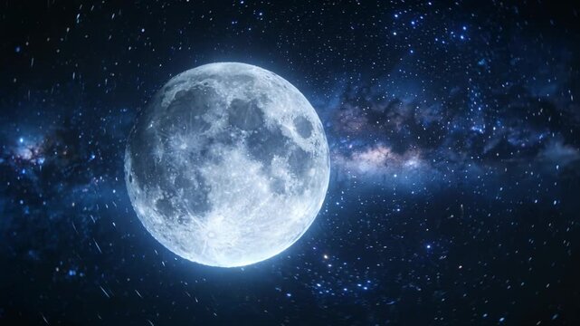 Glowing full moon drifting in space as particles entering, Milky Way band twinkling, copy space