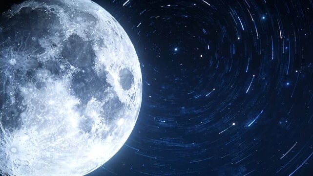 Starting frames, stars forming streaks right of full moon in space, showing spin, copy space