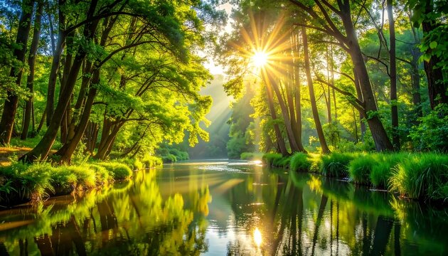 Sunbeams pierce lush forest canopy over tranquil stream