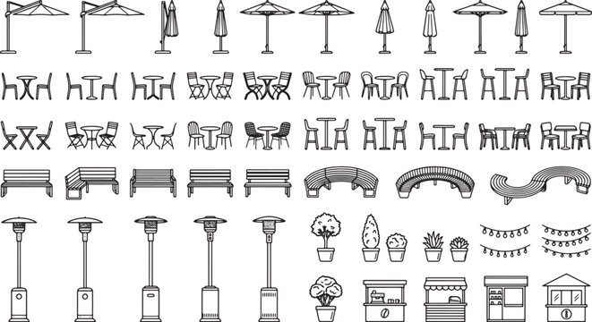 Outdoor furniture and cafe equipment vector icon set featuring tables chairs umbrellas heaters and decorative garden elements