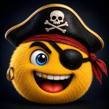 Pirate emoji character with fuzzy yellow fur, smiling pirate face wearing black tricorne hat with skull and crossbones, funny buccaneer emoticon