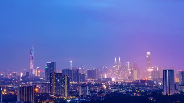 Wide Angle view of Kuala Lumpur cityscape and skyline day to night time lapse background