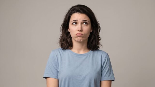 Confused young woman rolling her eyes and looking around with skeptical expression. Unsure doubtful girl feeling uncomfortable and awkward in studio. Decision problem