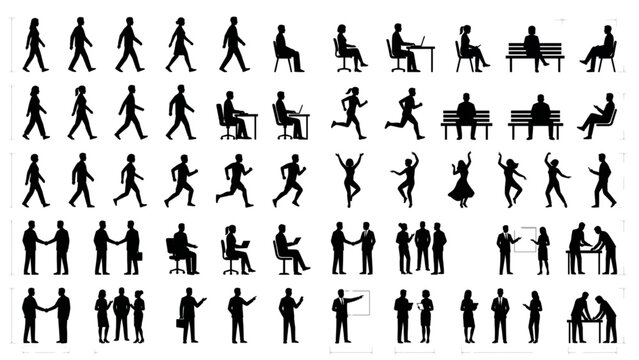Minimalist CAD Human Activity Silhouettes Collection &ndash; Walking Sitting Running Dancing and Interaction Poses Vector Set for Infographics and Architectural Design