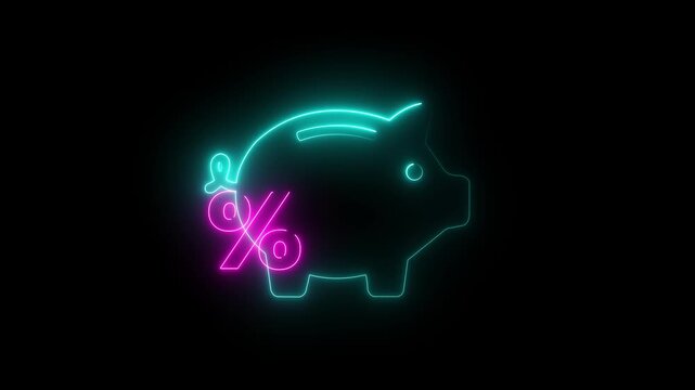 Financial profitability of savings. protecting a virtual piggy bank icon with a percentage sign ,Neon piggy bank with percentage symbol glowing animation for financial savings and interest rates 