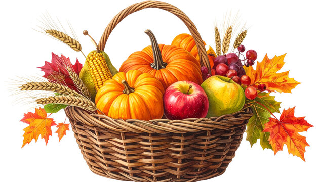 A rustic harvest basket filled with pumpkins, apples, pears, corn, wheat stalks, and colourful autumn foliage, isolated on transparent background, PNG.
