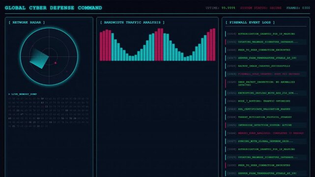 Global Cyber Defense Command Network Radar Dashboard Animation Blue Screen.