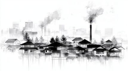 Fototapeta premium Modern cityscape with traditional houses, smoke rising from chimneys, and blend of urban and rural elements creating striking contrast