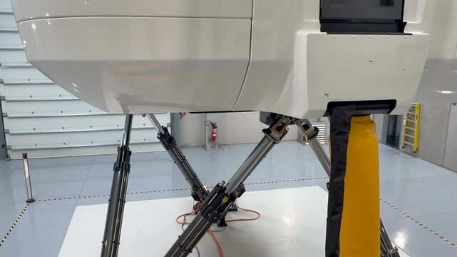 Close-up view of the lower part of a high-tech full motion flight simulator in operation in a real training, with a view of the hydraulic system moving the platform.