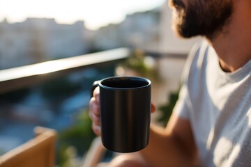 Obraz premium Bearded man holding black coffee mug on balcony at sunrise. Male drinking hot beverage with blurred urban city view. Morning routine concept