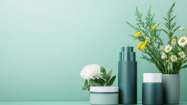 Elegant display of skincare products with flowers on mint green background, conveying freshness and beauty