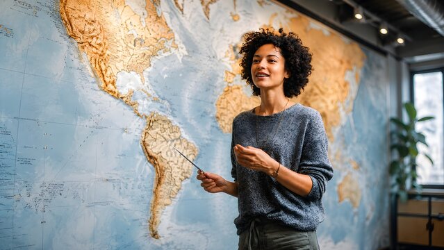 cheerful black woman teacher pointing at a large world map during a geography education class
