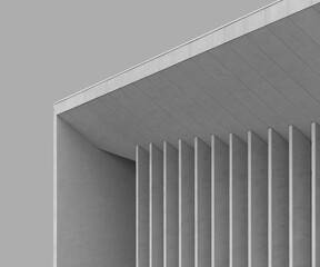Naklejka premium Minimalist modern building facade with vertical concrete columns and sharp geometric lines. Clean monochrome architecture creates a contemporary