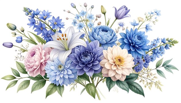 Close up of blooming blue hydrangea flowers.