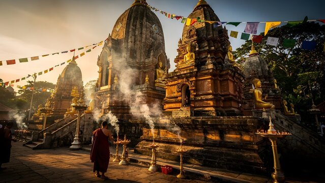 Buddhist monk standing at an ancient temple complex with golden Buddha statues and incense smoke at sunrise