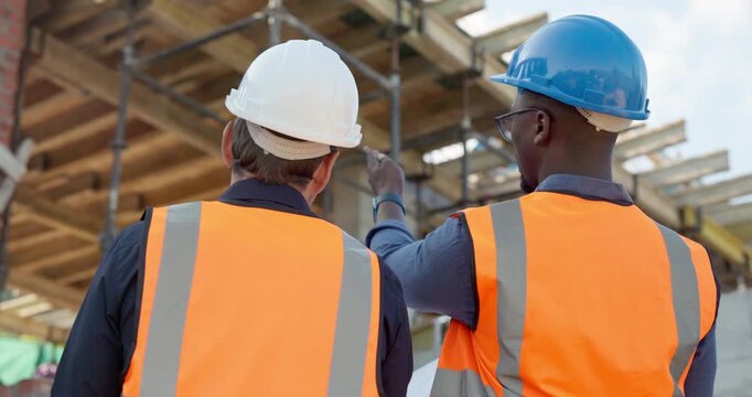 Construction, team and site inspection with blueprint for masonry, structure integrity and back. Men, architect or pointing with floor plan for renovation progress, code compliance or building safety