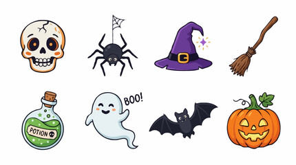 Fototapeta premium Set of Halloween icons, including a skull, spider, witch hat, broom, potion bottle, ghost, bat, and pumpkin