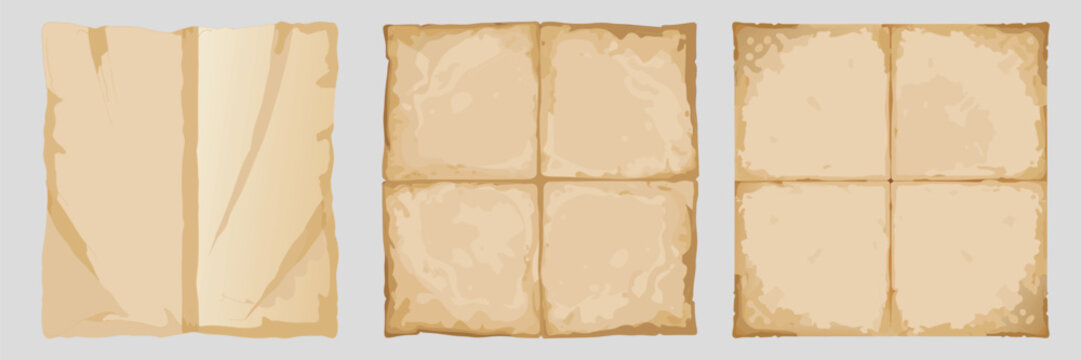 Set of ancient parchment paper sheets with folds and worn edges isolated on neutral background ideal for historical design projects.