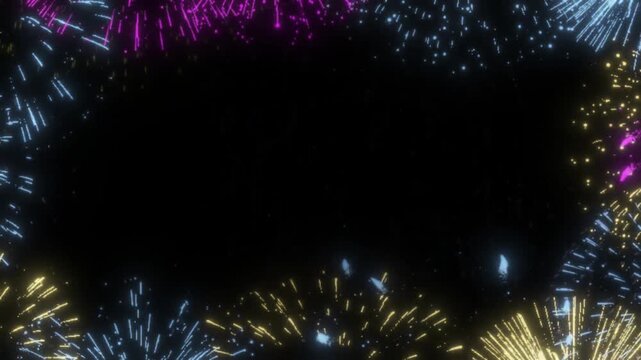 Fireworks display erupts in a circular frame to provide a celebratory border for event announcements.