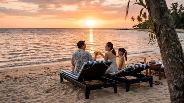 Happy family relaxing on beach loungers at sunset with drinks